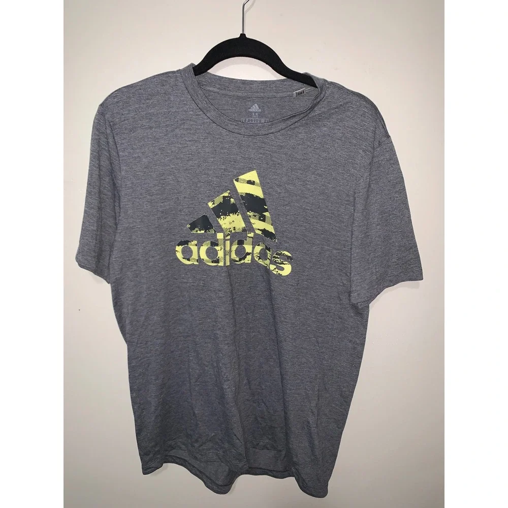 Adidas Mens Primegreen Graphic Logo T-Shirt Gray Yellow Size M Short Sleeve